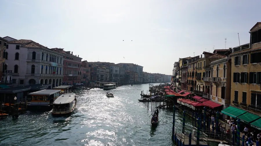 Boats and gondolas on the Grand Canal in Venice, flanked by historic waterfront buildings