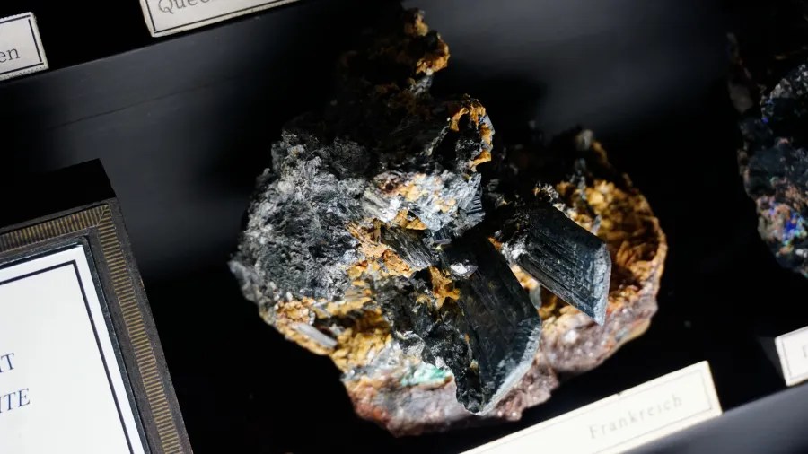Dark crystalline mineral specimen on an earthy matrix in a museum display with labels