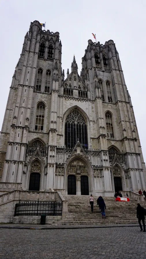 The grand Gothic facade of the Cathedral of St. Michael and St. Gudula in Brussels.