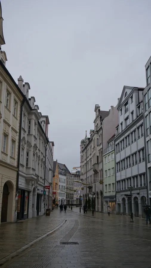Wet pedestrian street lined with historic European-style buildings under an overcast sky.