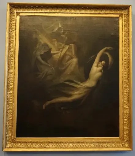 Ornate gold-framed painting of a figure floating in a dark, ethereal landscape