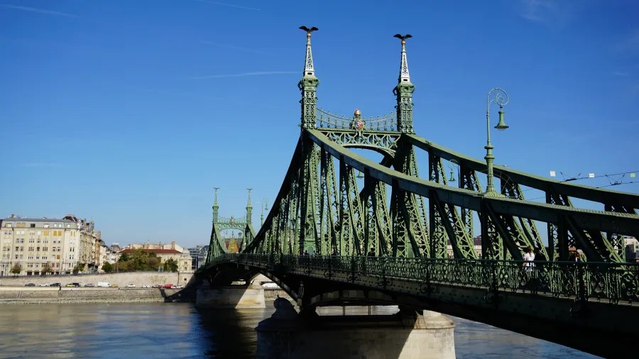 Green ornate metal Liberty Bridge spanning the Danube River in Budapest