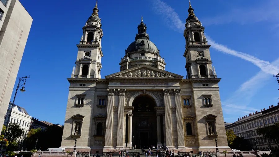 St. Stephen's Basilica in Budapest with text 'EGO SUM VIA VERITAS ET VITA' above the entrance.