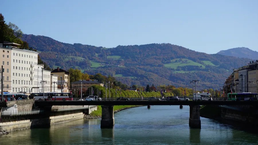 A bridge crosses a river in a city with forested mountains in the background.