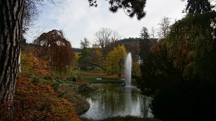 20221023_1_Tschechien_Marienbad (62) A serene park pond featuring a vertical water fountain surrounded by trees with vibrant autumn foliage.