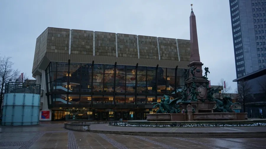 The Gewandhaus concert hall and Mendebrunnen fountain at Augustusplatz in Leipzig, Germany