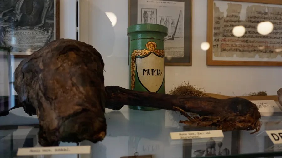 Mummified human remains displayed alongside a green apothecary jar labeled 'MUMIA'.
