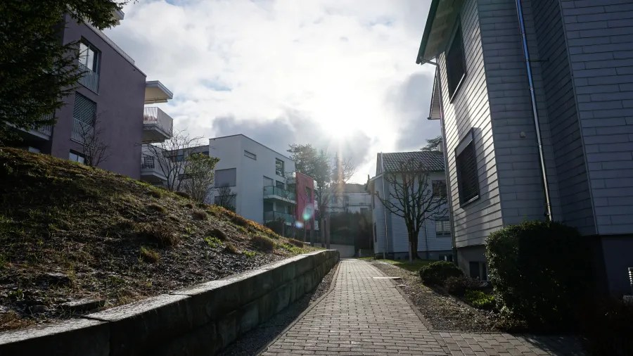 Paved walkway between modern residential buildings on a bright, sunny day.
