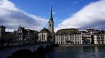 View of the Fraumünster Church and Münsterbrücke bridge in Zurich, Switzerland