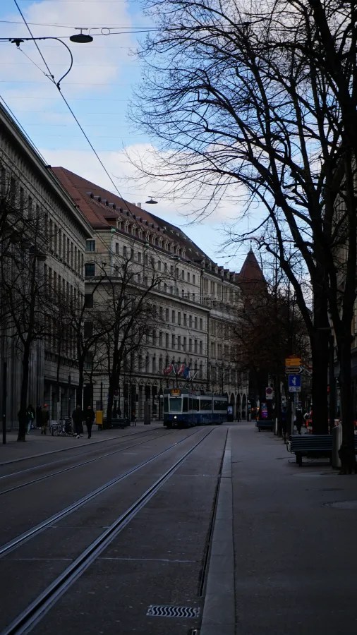 A tram traveling down a city street lined with historic buildings and bare trees.