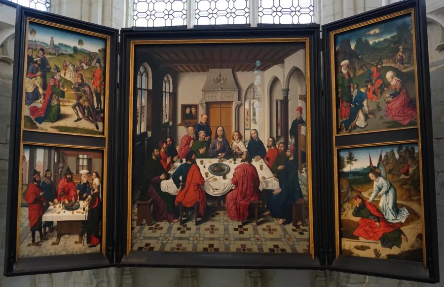 Triptych painting depicting the Last Supper and four biblical scenes related to the Eucharist