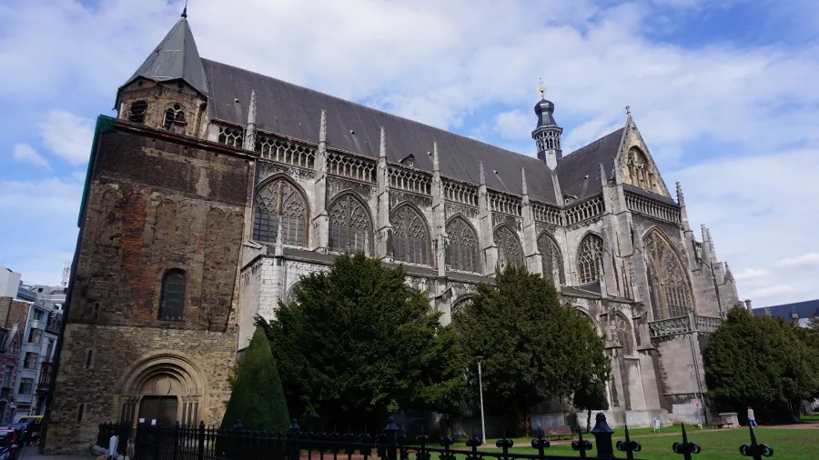 A grand Gothic cathedral with intricate stonework and a tall spire, framed by green trees.