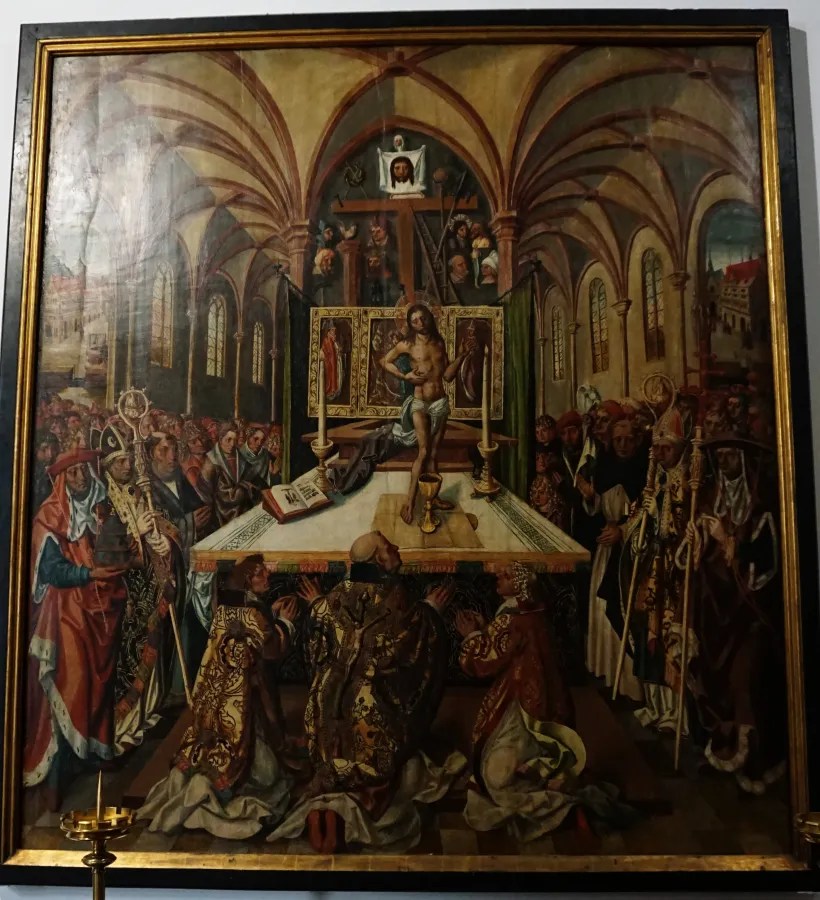 Painting of the Mass of Saint Gregory with Christ appearing on an altar before kneeling clergy.