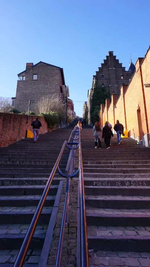 People climb a steep outdoor staircase with the text 'MERCI DE VISITER' on a step.