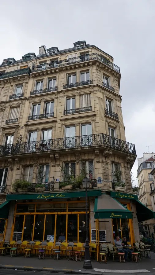 20230324_Frankreich_Paris (23) Corner cafe with outdoor seating and green awnings on the ground floor of a multi-story Parisian building