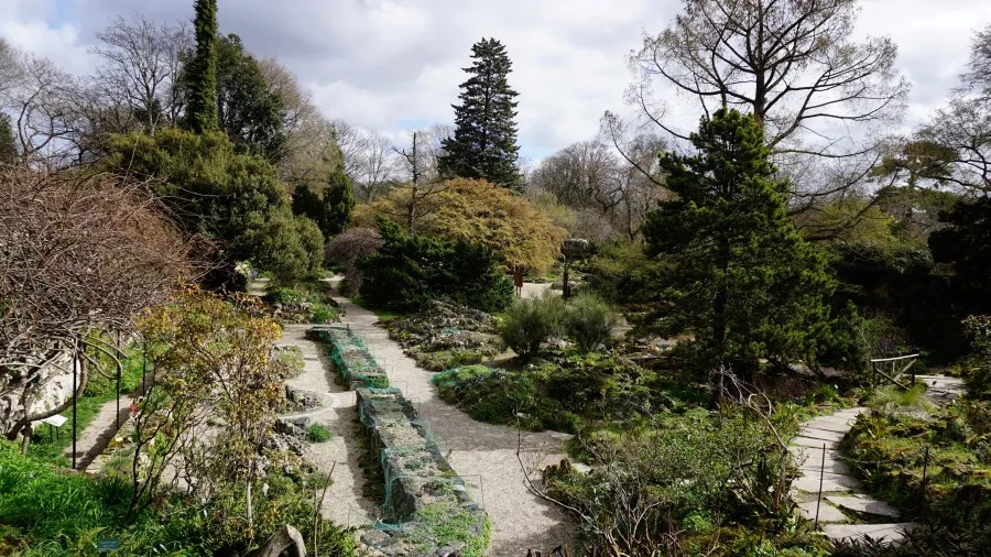 20230324_Frankreich_Paris (59) A landscaped garden with gravel paths, green shrubs, and trees under a cloudy sky