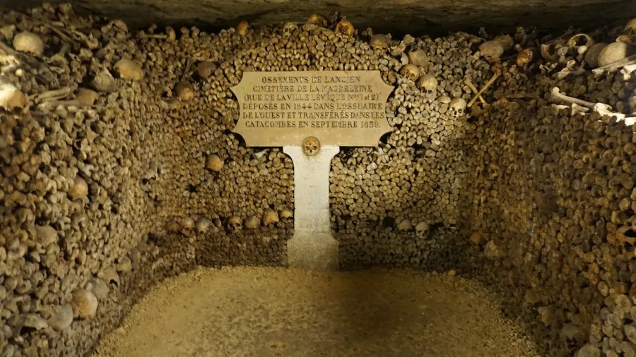 20230325_Frankreich_Paris (235) Walls densely stacked with human skulls and bones in a catacomb chamber with a stone plaque in French