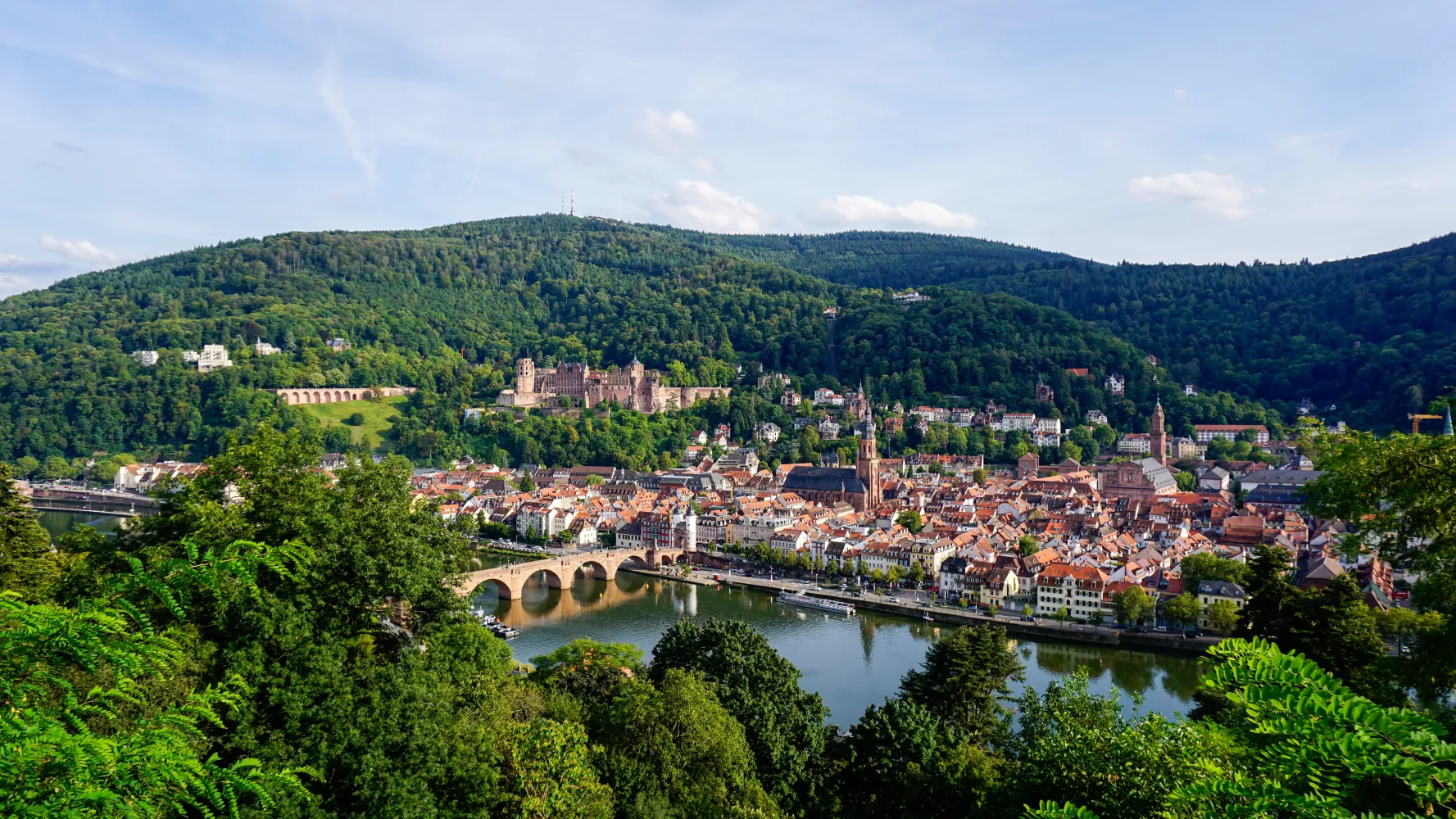 View of Heidelberg town with red-roofed buildings, Heidelberg Castle on a hill, and a stone bridge over the Neckar River