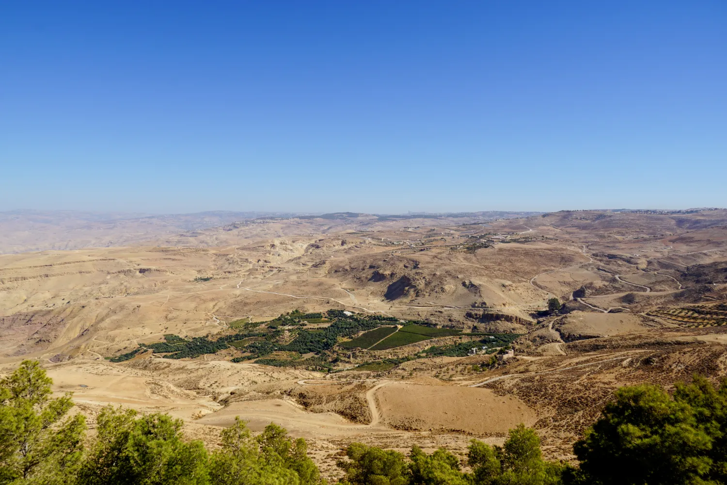 Expansive arid valley with cultivated green fields, winding roads, and rolling hills under a clear blue sky